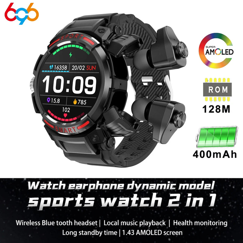 2023 New 2 In 1 TWS Wireless Headphone Local Music Smart Watch Blue Tooth Call 1.43 AMOLED Bracelet Sports Earphone Smartwatch